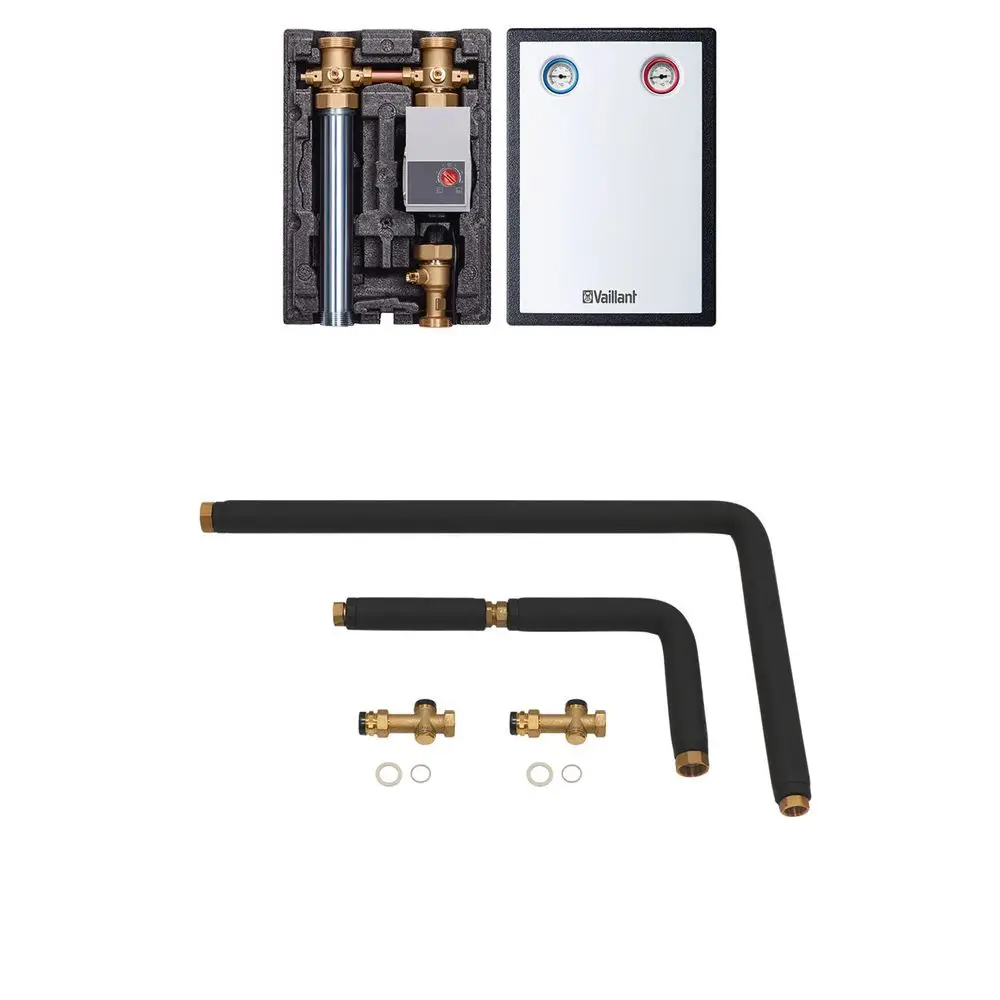 Vaillant Heizungszubehör, bestehend aus einem Montagekit mit Rohren, Ventilen und einer Steuereinheit für einen ungeregelten Heizkreis. Komplett mit Anschluss- und Dichtungsstücken.